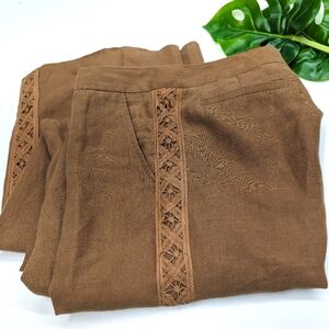 Rebecca Taylor Linen Pants with Crochet Side Stripes